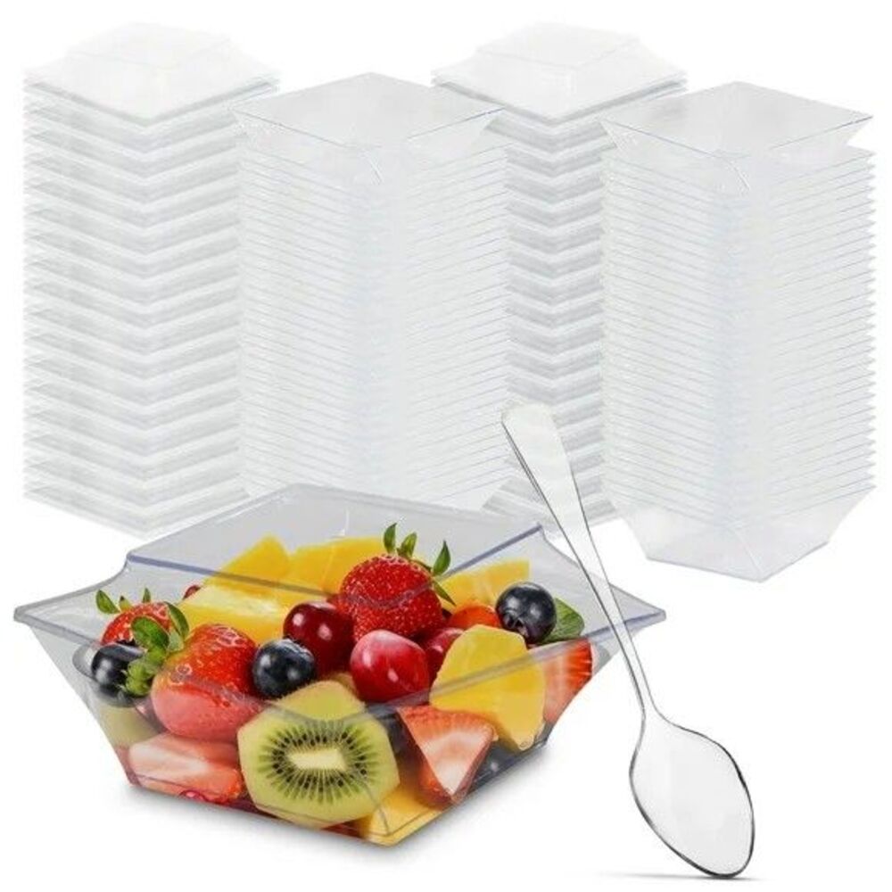 Oasis Creations Slanted Wide Square 7-ounce Dessert Cup Spoons & Lids 50 Count